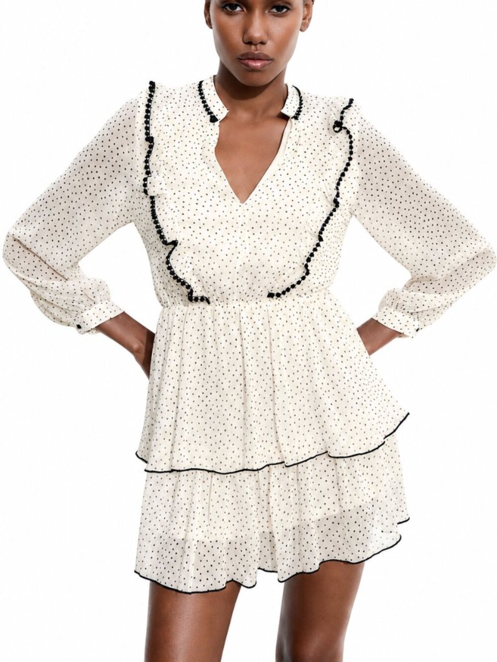 Zara White & Black Polka Dot Tiered Mini Dress Ruffles Polka Dot Trim (Size M)